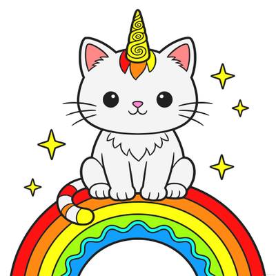 Colored version: Cute caticorn on a sparkly rainbow