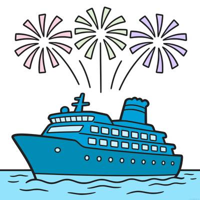 Versão colorida: Navio de cruzeiro sob fogos de Ano-Novo