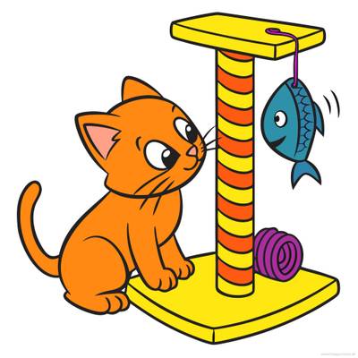 Versione colorata: Gattino con tiragraffi e pesce giocattolo