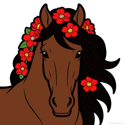 Ingekleurde versie: Paardenhoofd met bloemen