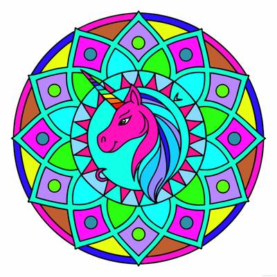 Versione colorata: Mandala geometrico con unicorno