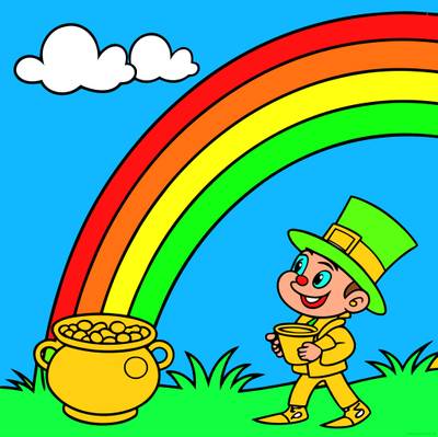 Farvelagt version: Gående leprechaun under regnbue