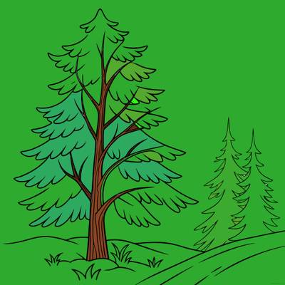 Färglagd version: Snötäckt tall i vinterskog