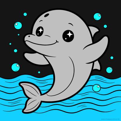 Version coloriée : Dauphin kawaii nageant avec des bulles