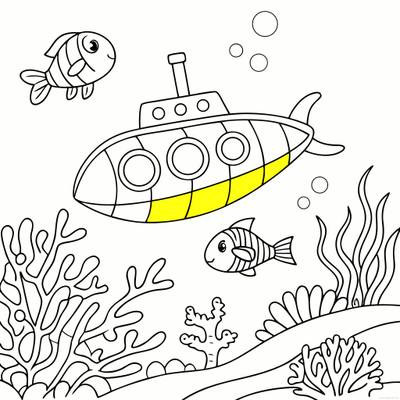 Versão colorida: Submarino com peixes e coral