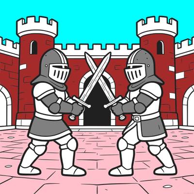 Versão colorida: Dois cavaleiros treinando no castelo