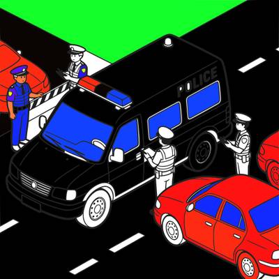 Versão colorida: Van da polícia em blitz na estrada