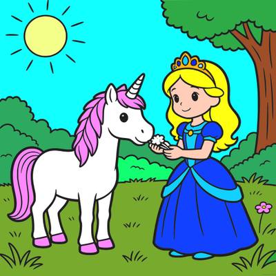 Färglagd version: Prinsessa matar en enhörning