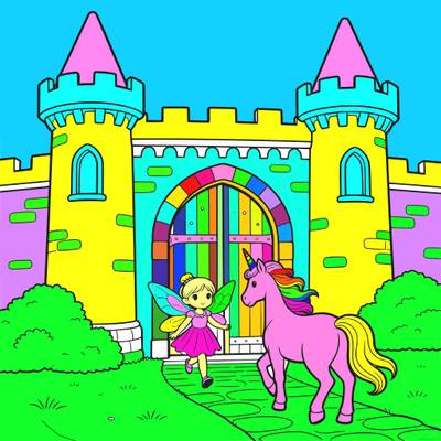 Version coloriée : Fée et licorne devant le château