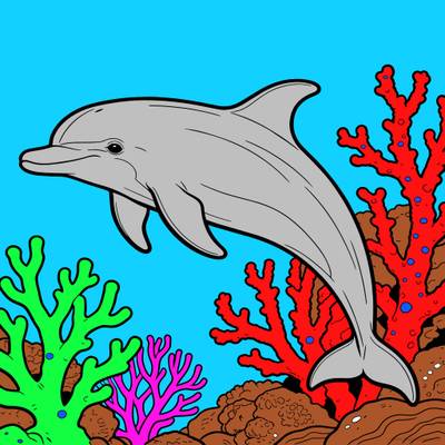 Versão colorida: Golfinho no recife de coral
