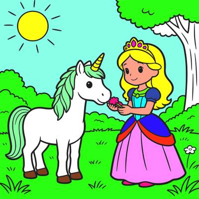 Färglagd version: Prinsessa matar en enhörning