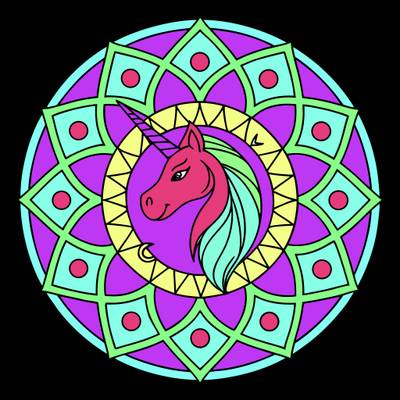 Version coloriée : Mandala géométrique avec une licorne