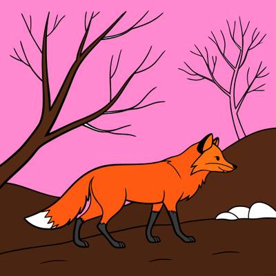 Versione colorata: Volpe che cammina nel bosco innevato