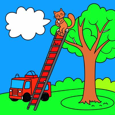 Colored version: Cat in tree with rescue truck