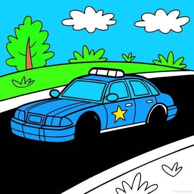 Versão colorida: Carro da polícia na estrada
