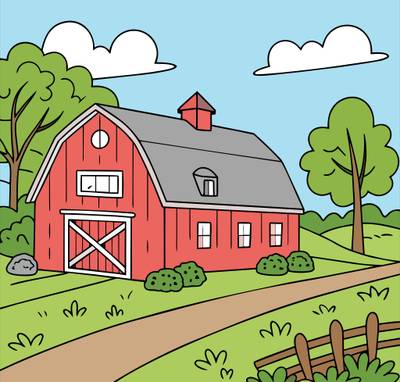 Colored version: Cute farm barn landscape scene