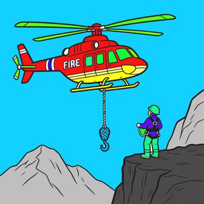 Colored version: Fire helicopter rescuing a climber