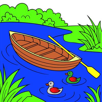 Versão colorida: Barco a remo no lago com patos