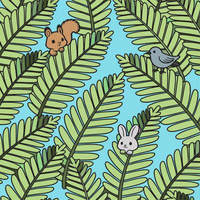 Versão colorida: Folhas de samambaia com animais da floresta