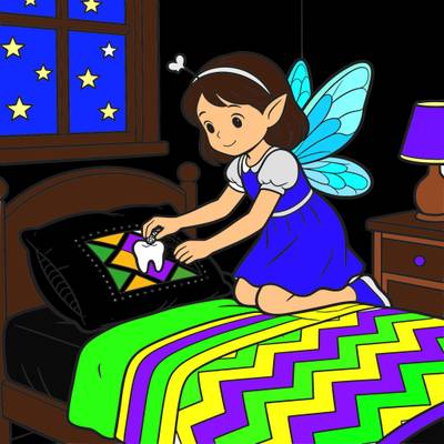 Colored version: Tooth fairy collecting a tooth
