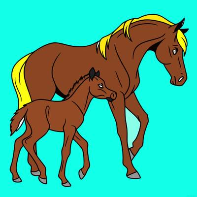Colored version: Simple mare and foal walking