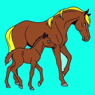 Colored version: Simple mare and foal walking