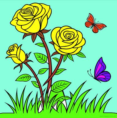 Ingekleurde versie: Rozenbloemen met vlinders