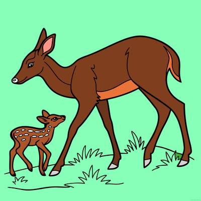 Versão colorida: Veada e filhote na grama