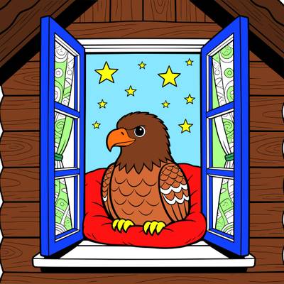 Colored version: Cozy eagle at a tiny cabin window