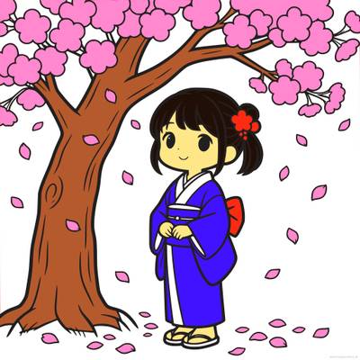 Versione colorata: Bambina in kimono sotto i ciliegi in fiore
