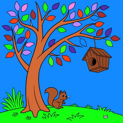 Versione colorata: Albero con scoiattolo e casetta per uccelli