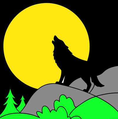 Colored version: Howling wolf on moonlit hills