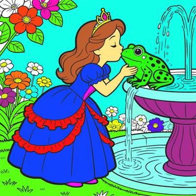 Ingekleurde versie: Prinses kust een kikker bij de fontein