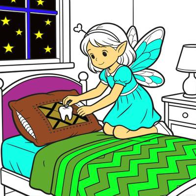 Colored version: Tooth fairy collecting a tooth