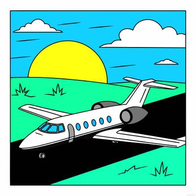 Ingekleurde versie: Privéjet op de landingsbaan bij zonsondergang