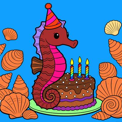 Colored version: Seahorse with birthday cake and shells