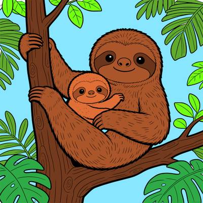 Colored version: Cute sloth parent and baby in tree