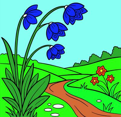 Colored version: Riverbank flowers in a landscape