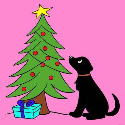 Färglagd version: Hund bredvid en julgran