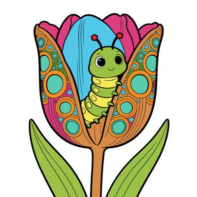 Colored version: Cute caterpillar peeking from a flower