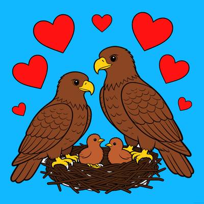 Colored version: Eagle family in a nest with hearts