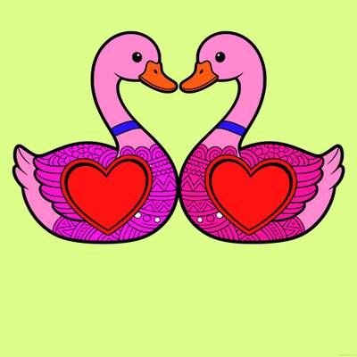 Colored version: Detailed duck pair with heart shapes