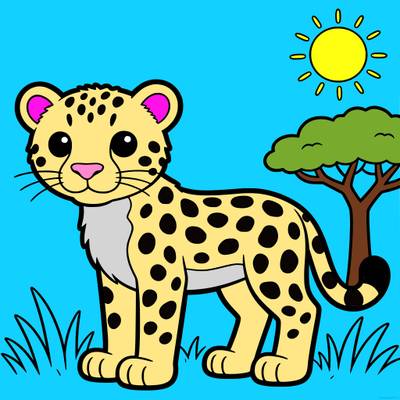 Colored version: Simple cheetah with tree and sun