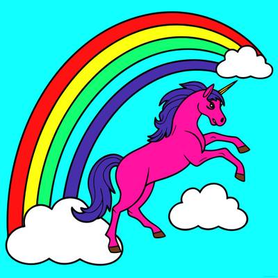 Versão colorida: Unicórnio sob o arco-íris com nuvens