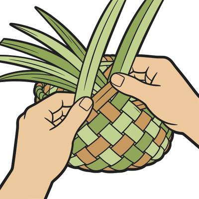 Wersja pokolorowana: Dłonie wyplatające koszyk z liści palmowych