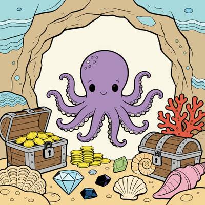 Colored version: Cute octopus in a treasure cave