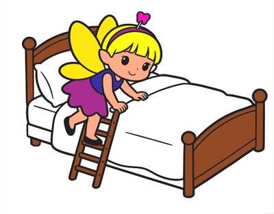 Colored version: Tooth fairy climbing onto a bed