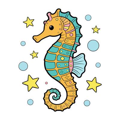 Colored version: Fantasy seahorse with pearls and stars