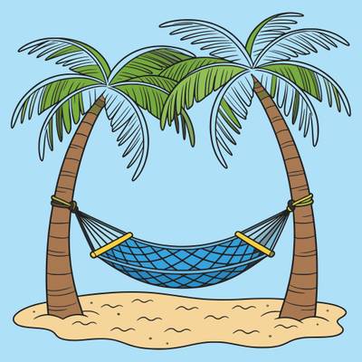 Versione colorata: Amaca tra due palme sulla spiaggia