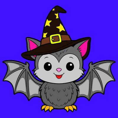 Colored version: Cute bat wearing a witch hat